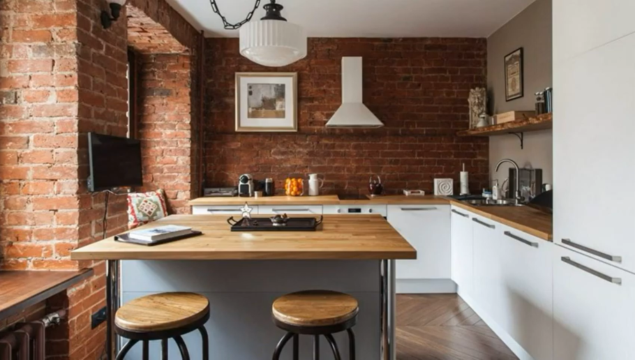 Кирпичный фартук на кухне