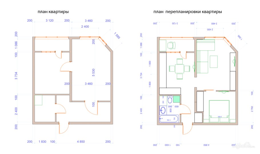 Схема перепланировки однокомнатной квартиры в двухкомнатную