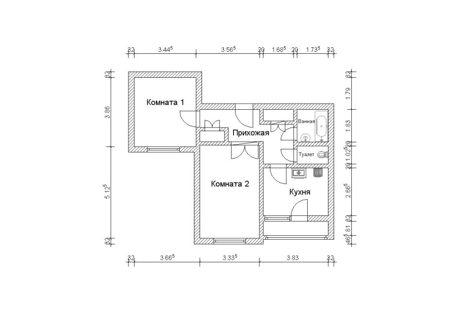 План 2 комнатной квартиры с размерами чертеж