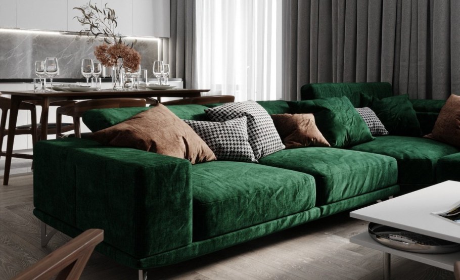 Гостиная с изумрудным диваном