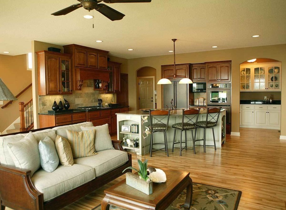 Гостиные совмещенные с кухней в частном доме