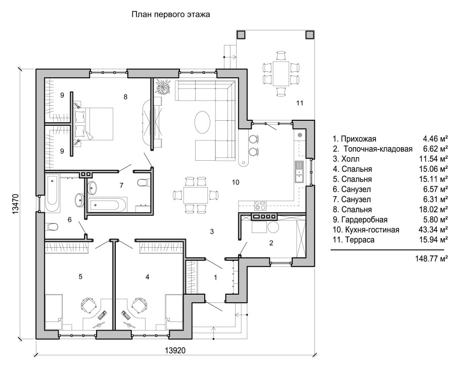 Планировка одноэтажного дома 130кв