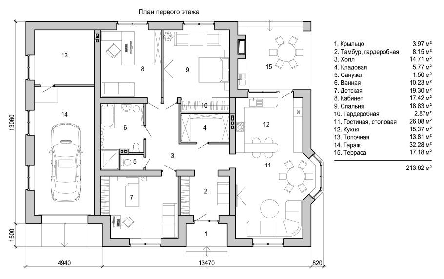 Планировка одноэтажного дома 3 спальни 200 м2