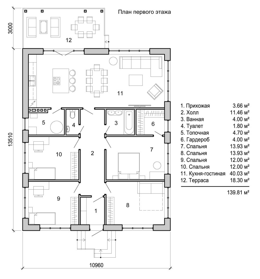 План одноэтажного дома 140м чертеж