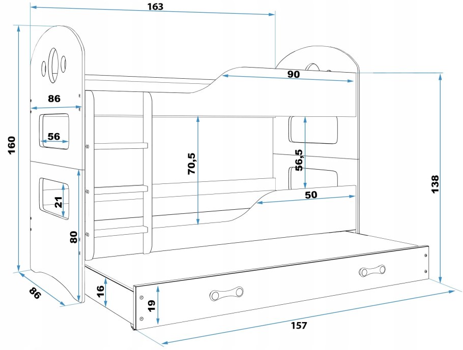Чертеж двухъярусной кровати 200х90