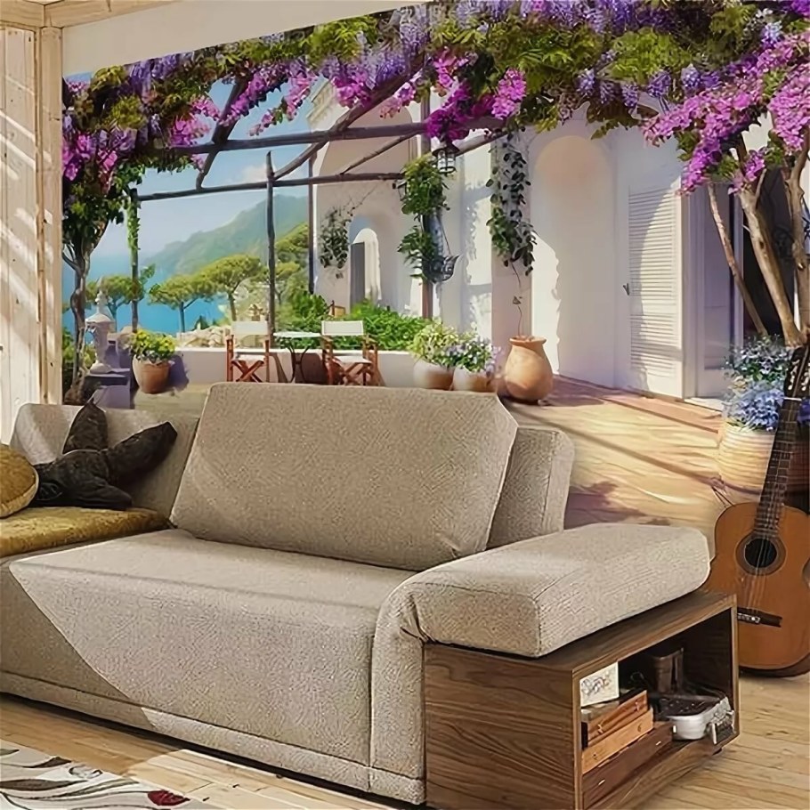 Фотообои в интерьере кухни с диваном