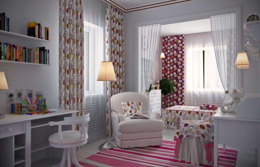 Детская для девочки с двумя окнами