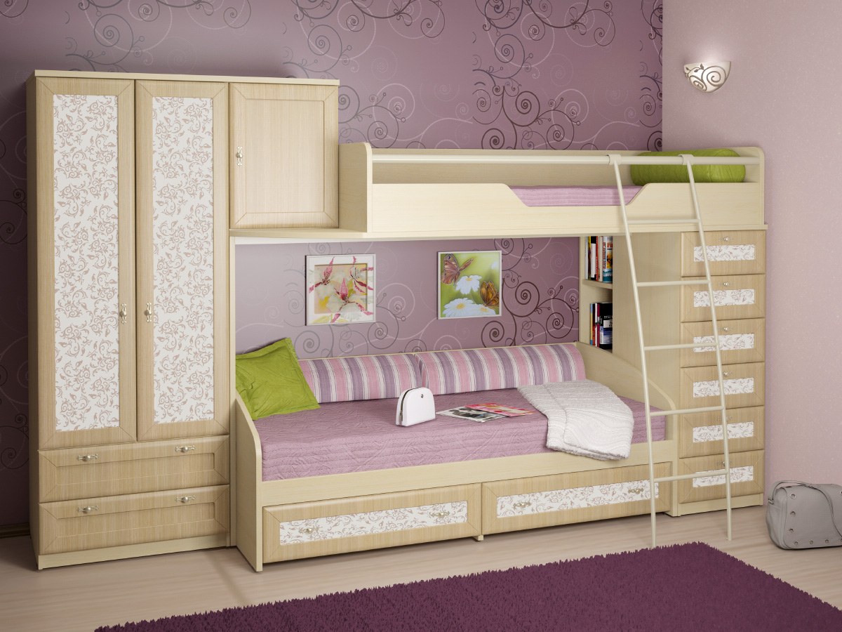детские двухъярусные кровати со шкафом и комодом