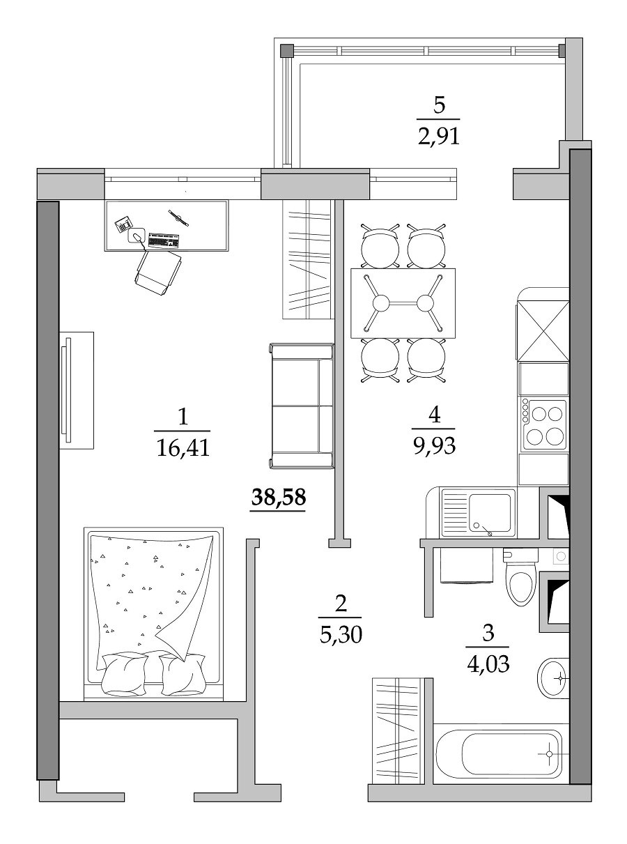 Планировка однушки 38 кв