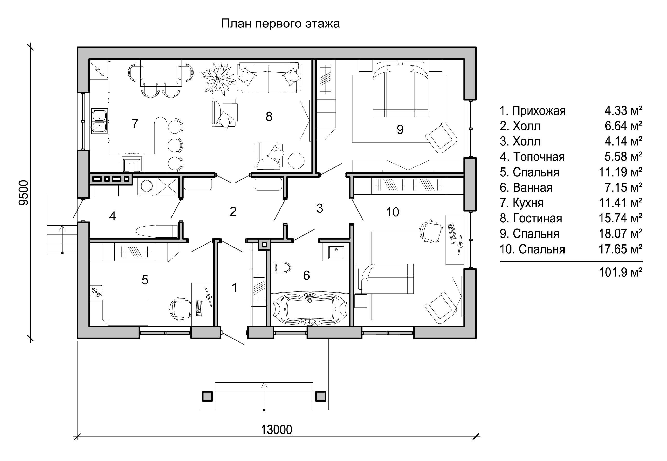 Чертеж дома первого этажа