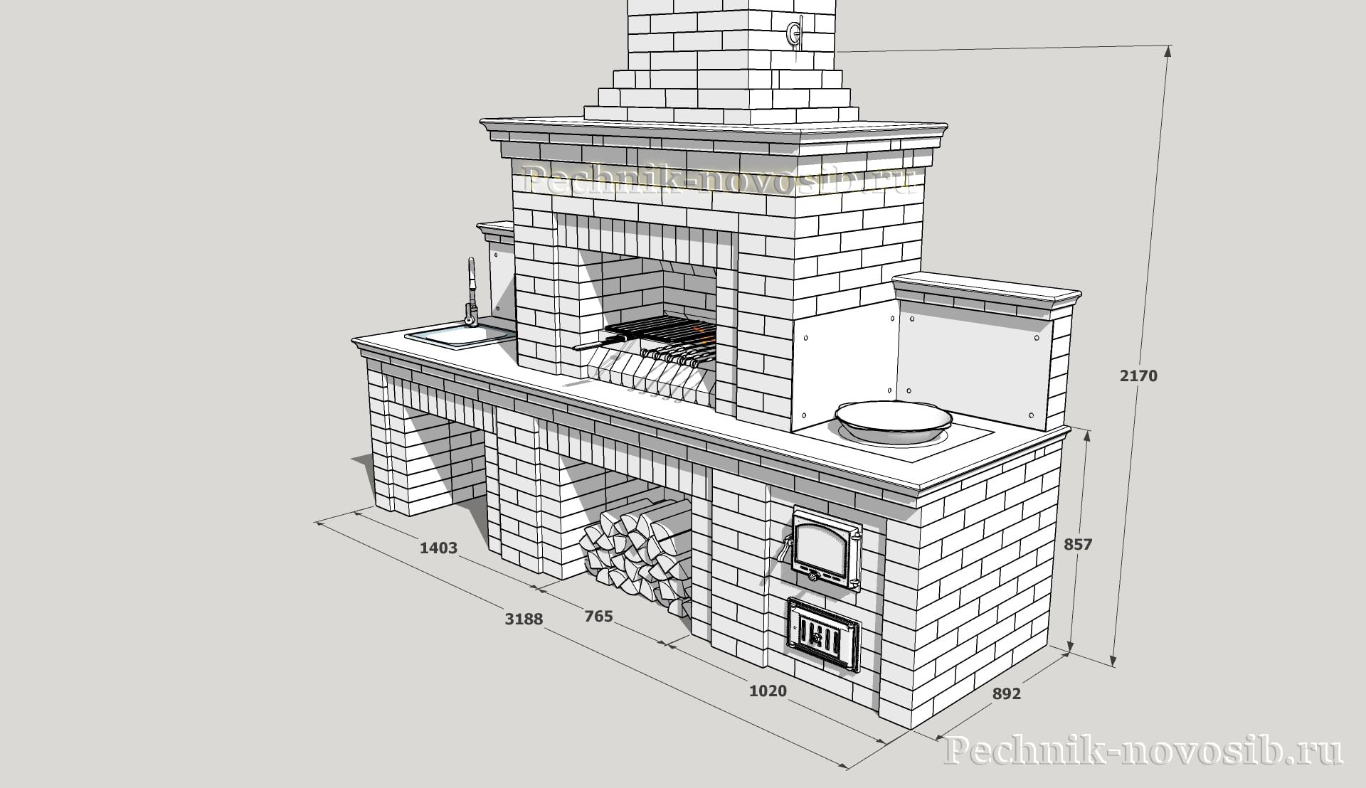 барбекю из кирпича с раковиной и столешницей