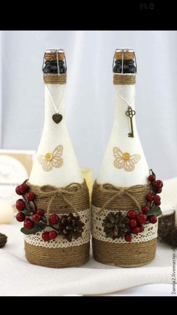 Декор стеклянной бутылки шпагатом