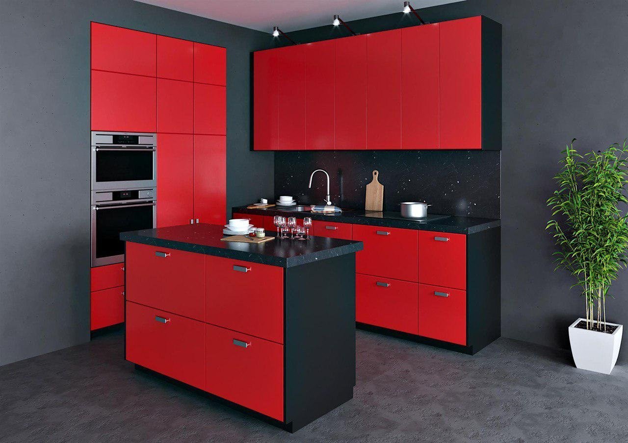 Купить красный вариант. Красно черная кухня. Мебель кухонные красный чёрный. Кухня в Красном цвете. Кухонный гарнитур красного цвета.