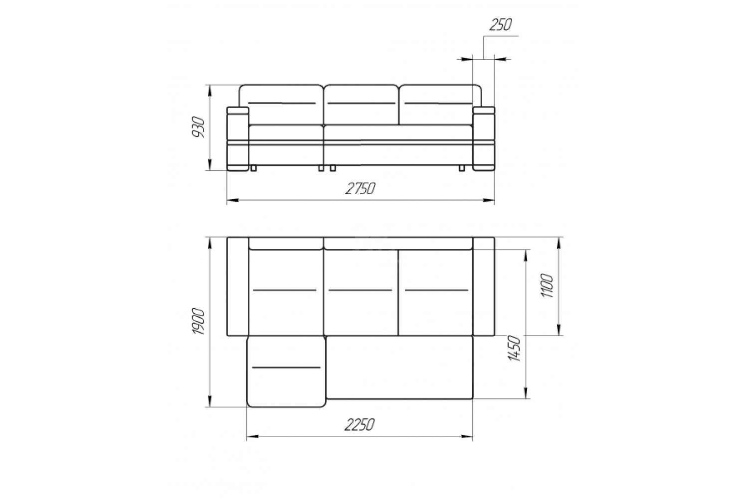 Чертеж углового дивана с размерами и деталировкой