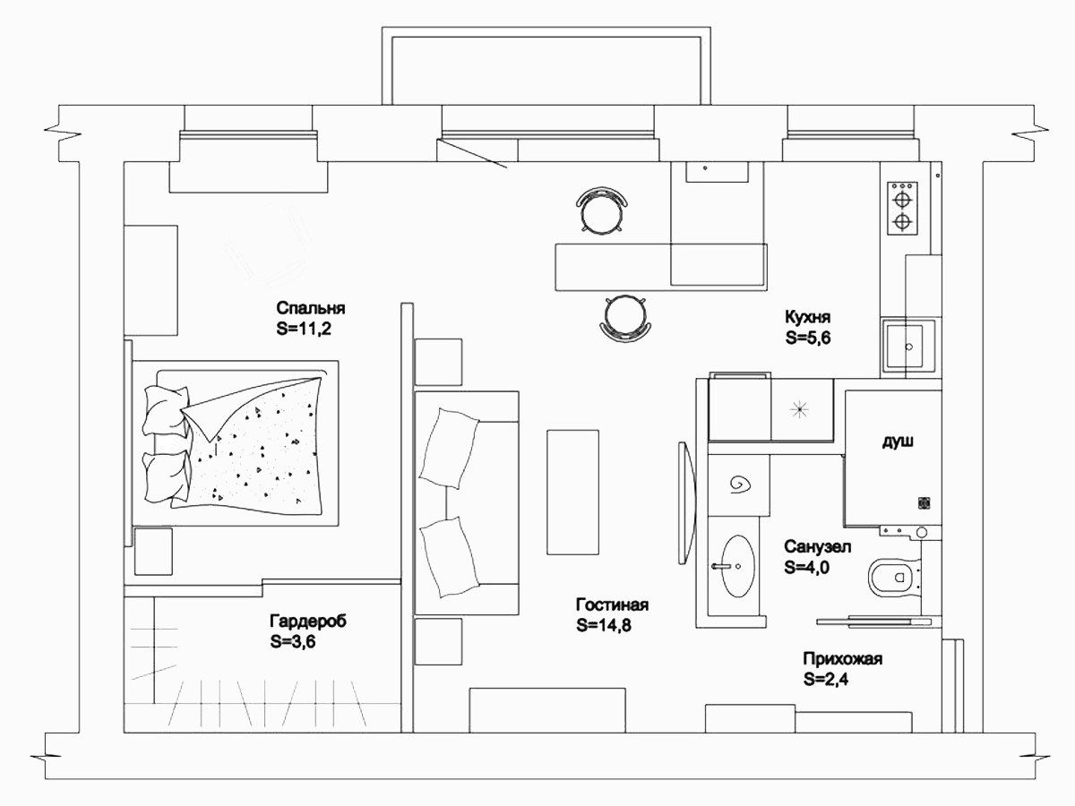Дизайн проект двухкомнатной квартиры 42 кв.м