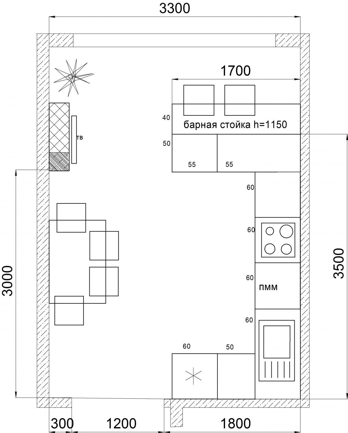 План кухни с барной стойкой
