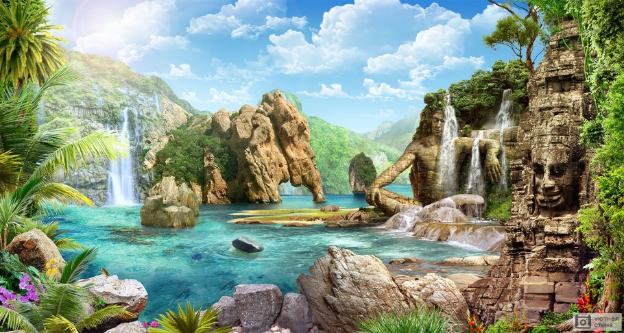 Пейзаж с водопадом и горами