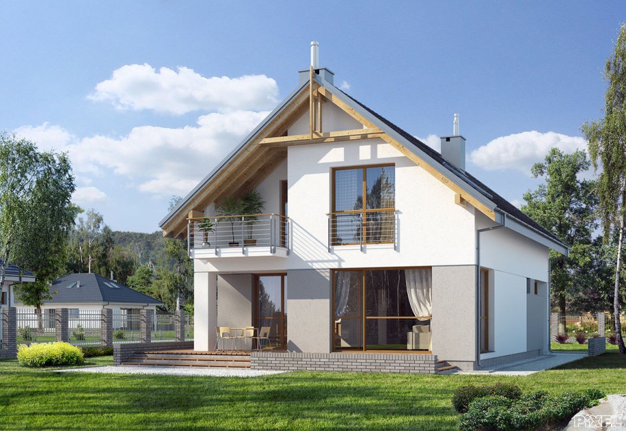 Двухэтажный дом с двускатной крышей