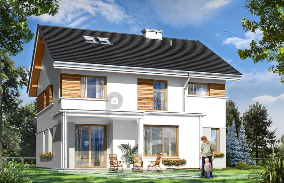 Дом с двускатной крышей и балконом