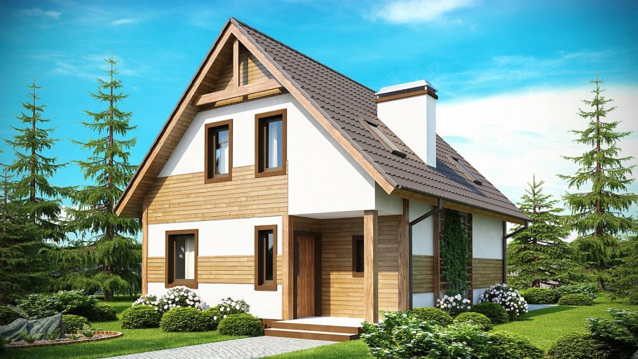 Двухэтажный дом с двускатной крышей и террасой