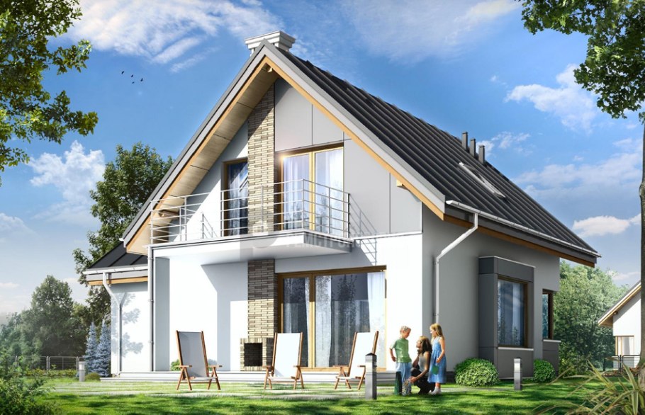 Двухэтажный коттедж с двускатной крышей