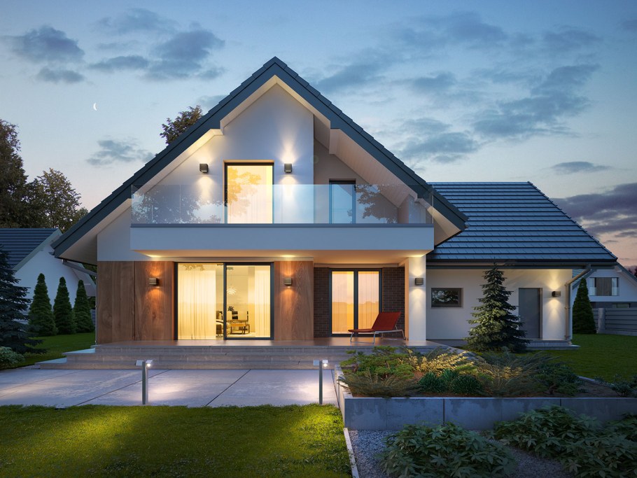 Трехэтажный дом с двускатной крышей