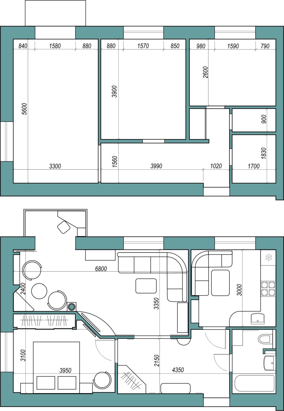 Перепланировка 2-х комнатной квартиры в панельном доме