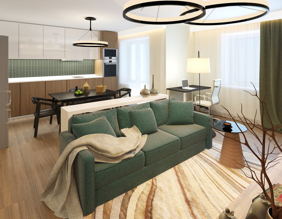 Диван посередине гостиной