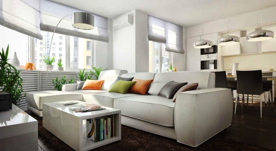 Гостиная в скандинавском стиле с угловым диваном