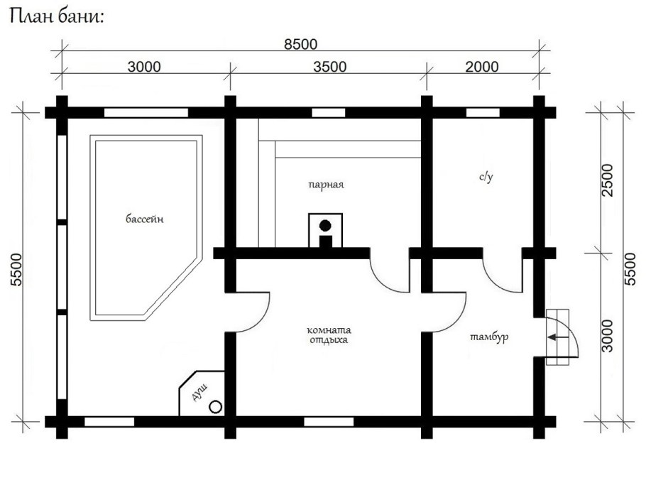 План бани с бассейном 6х12