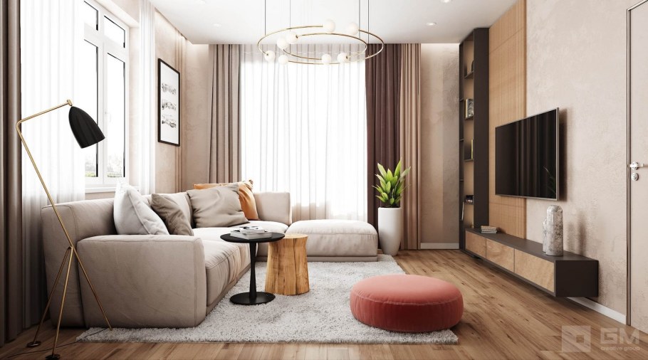 Интерьер двухкомнатной квартиры бежевый