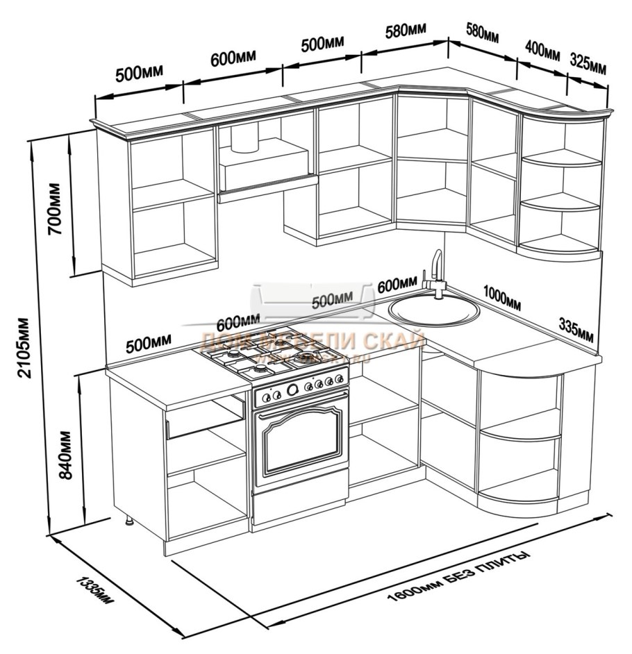 Чертеж кухни угловой 6м2