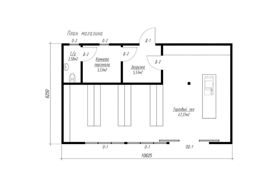Расстановка оборудования в продуктовом магазине 100 кв.м