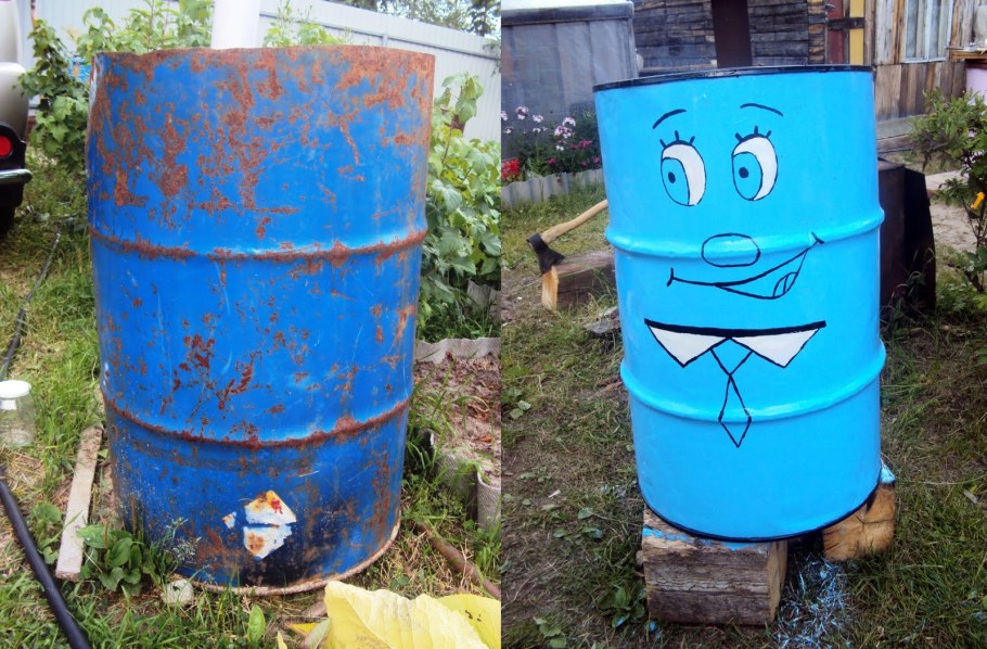 Веселая бочка для воды на дачном участке