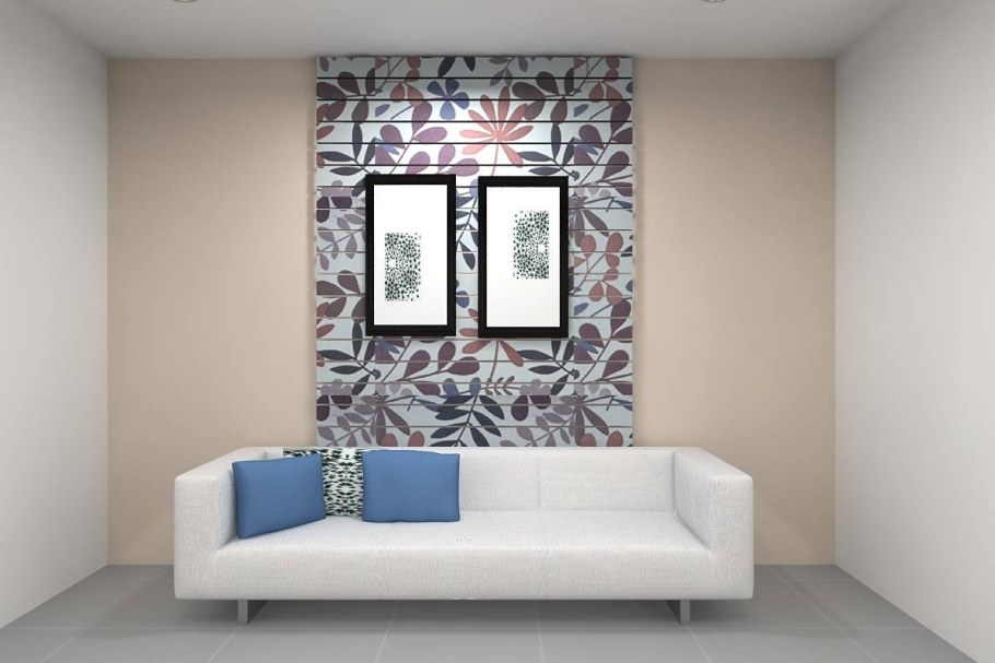 Молдинги в интерьере гостиной за диваном