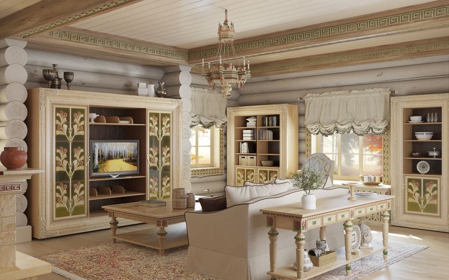 Интерьер в стиле русская усадьба в бревенчатом доме