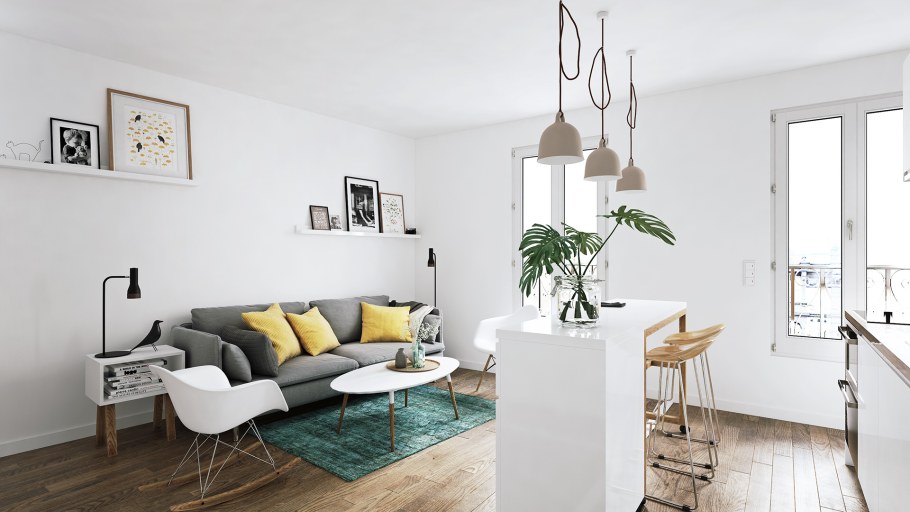 Вытянутая гостиная в скандинавском стиле