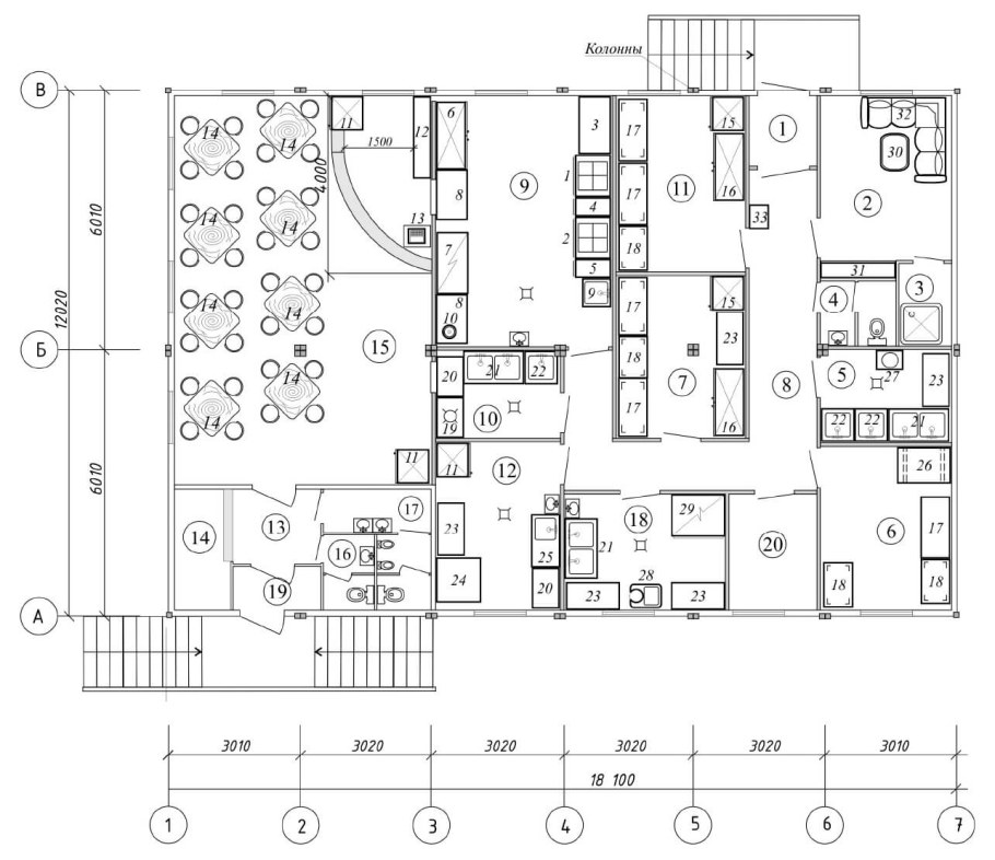 План кафе на 60 мест чертеж