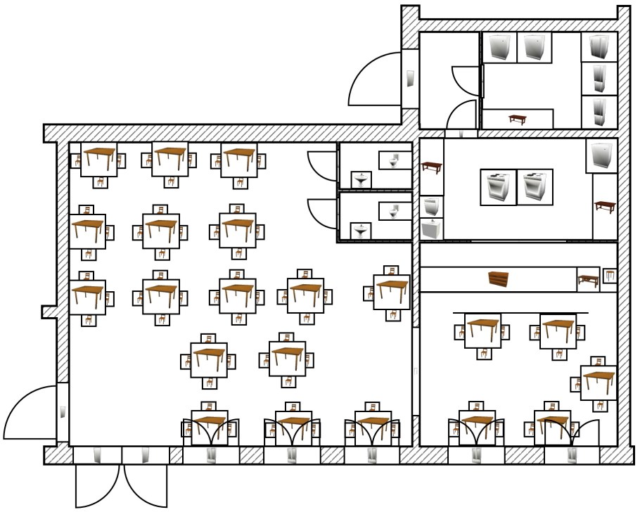 План столовой на 100 мест с экспликацией помещений
