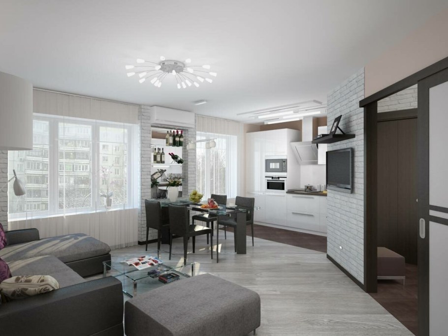 Кухня гостиная в трехкомнатной квартире