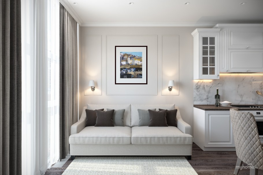 Гостиная 40 кв м стиль Неоклассика