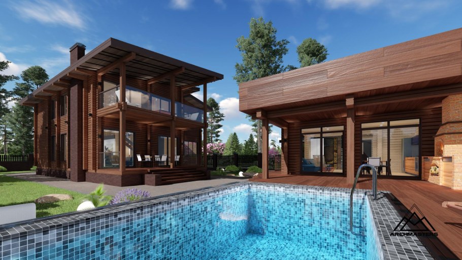 Деревянные коттеджи с бассейном