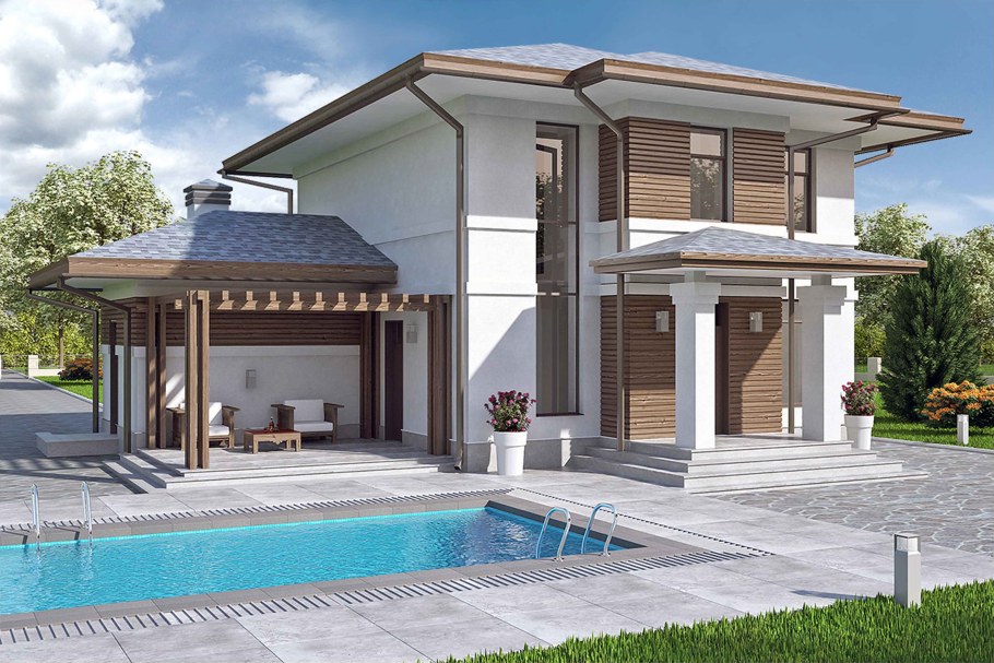 Двухэтажный дом с бассейном и гаражом