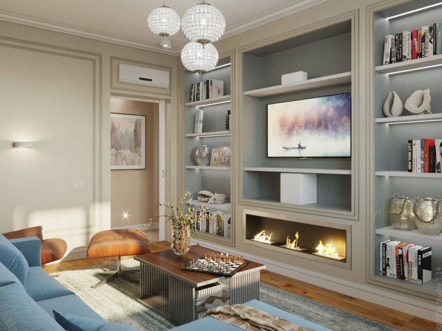 Встроенные полки в нишу в гостиной