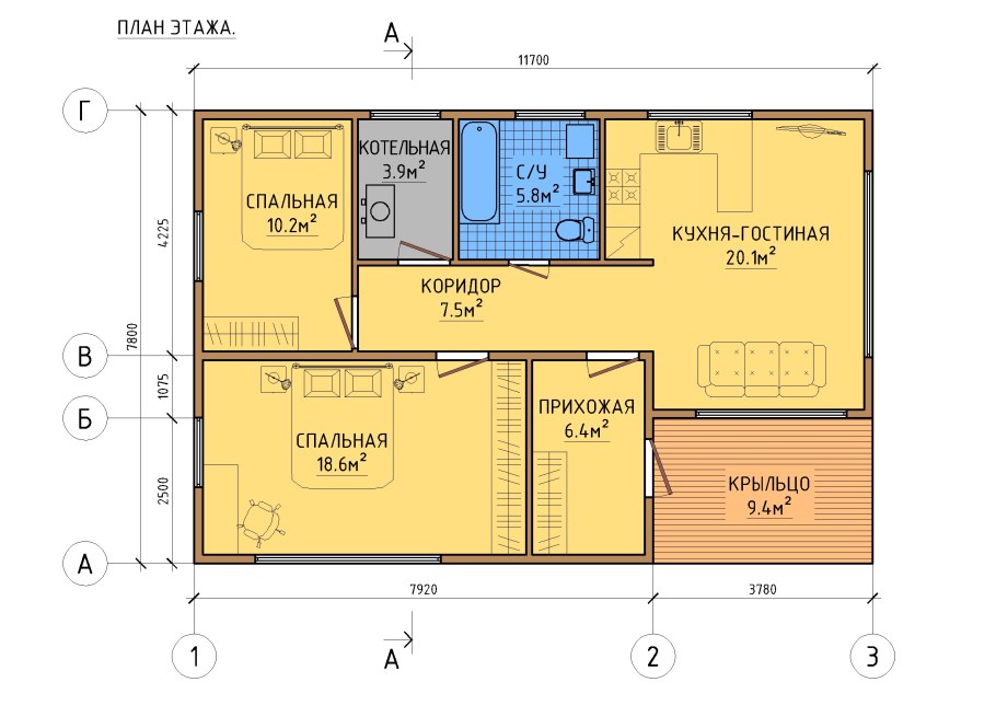 Планировка одноэтажного каркасного дома 6х12