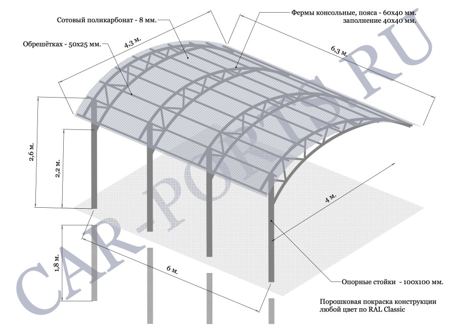 Навес из поликарбоната 6х4 чертеж