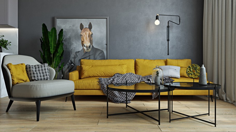 Диван горчичного цвета в интерьере