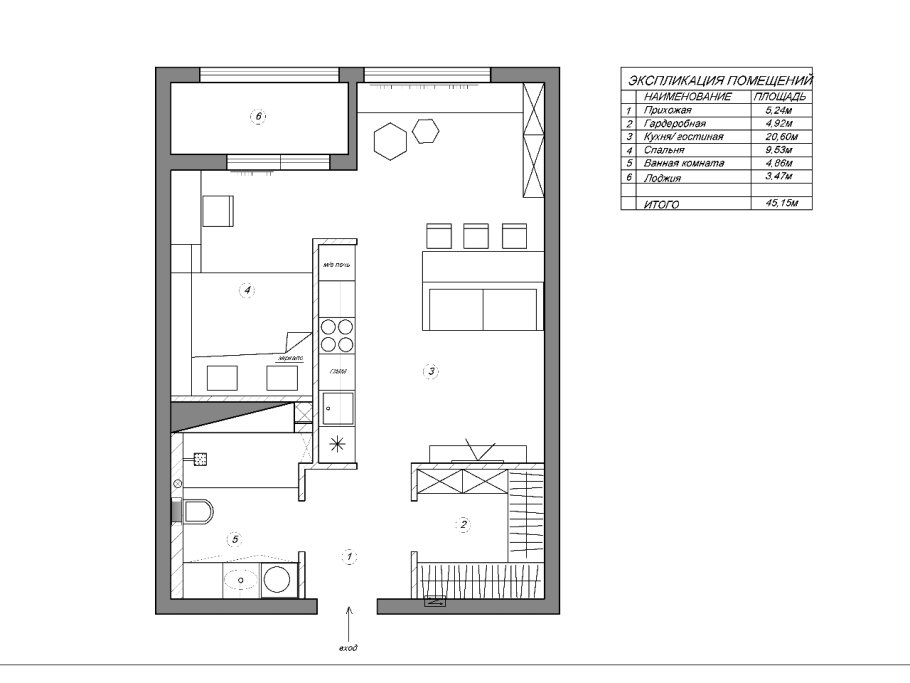 Чертеж интерьера комнаты с окном сбоку