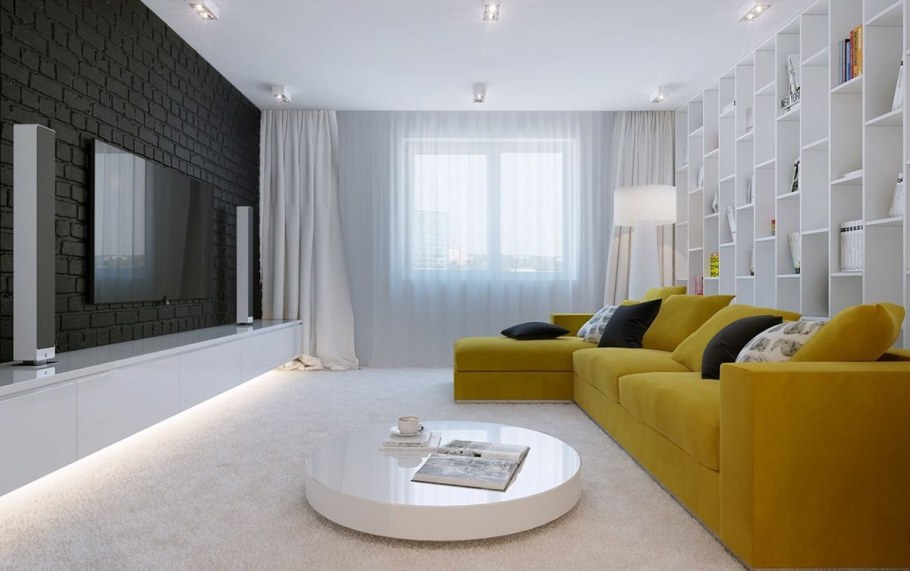 Желтый диван в интерьере гостиной