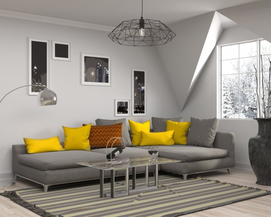 Желтый диван в сером интерьере